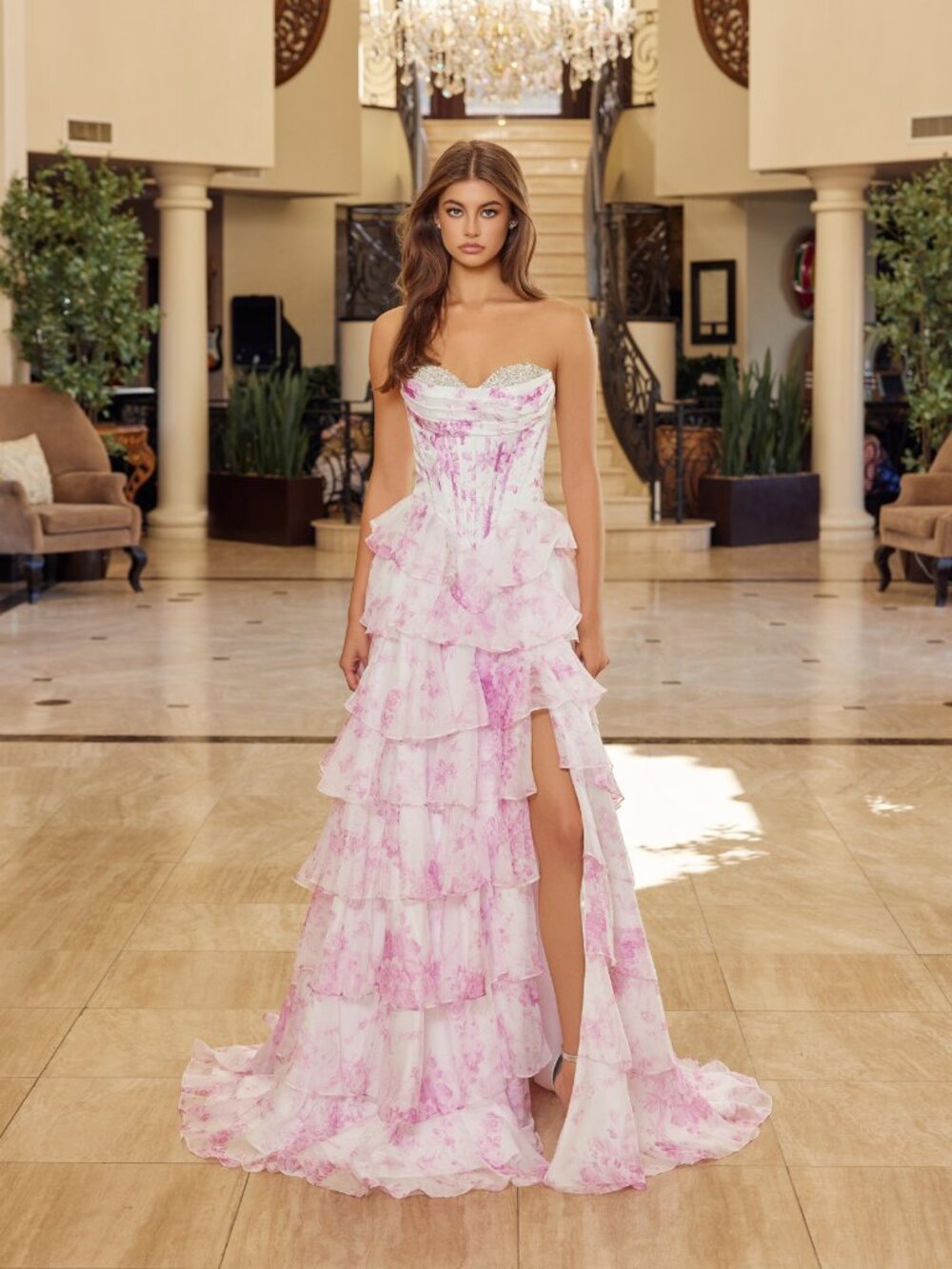 New Fuchsia Print Strapless Prom Gown W/ Beaded Bodice & Ruffled Skirt Nx A1752